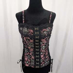 Y2K Mall Goth Corset Top Pink Floral Brocade Lace Trim Hook Front M Tripp NYC